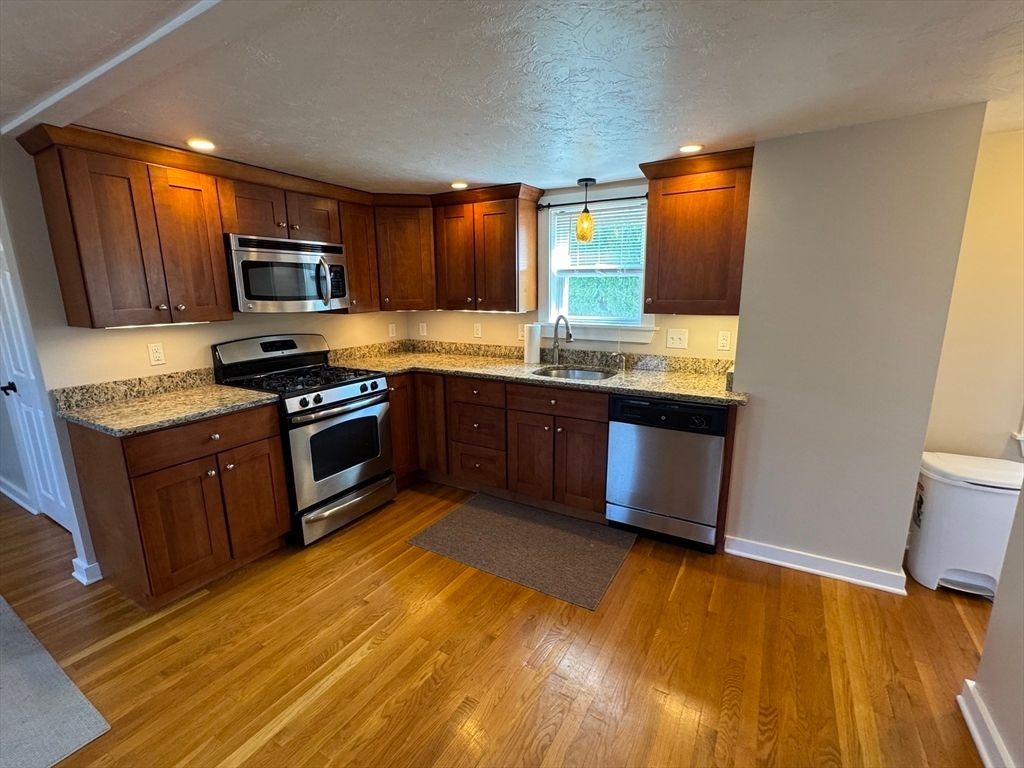 Interior, Kitchen, Pendant Lights, Recessed Lighting, Stainless Steel Appliances, Wood Texture Flooring