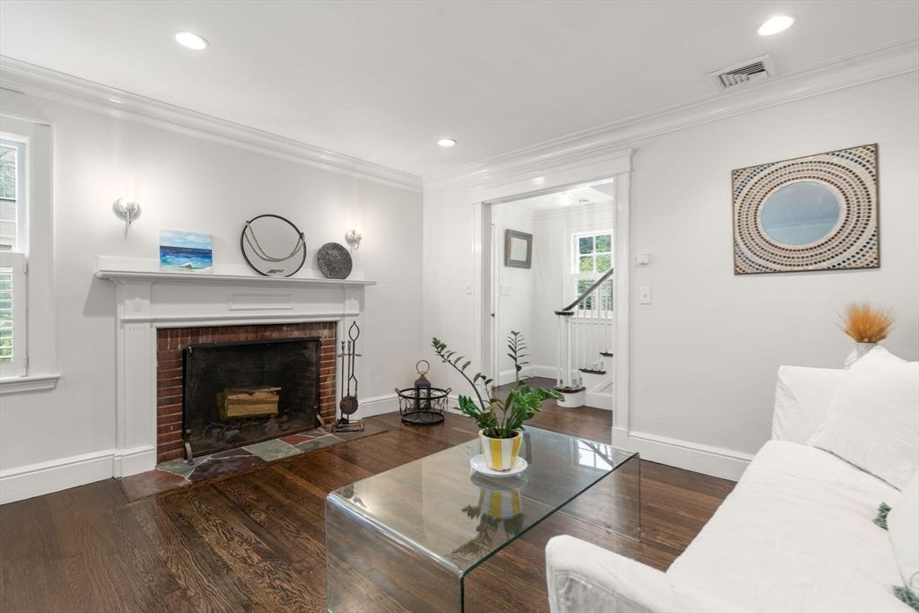 Fireplace, Interior, Living room, Recessed Lighting, Wood Texture Flooring