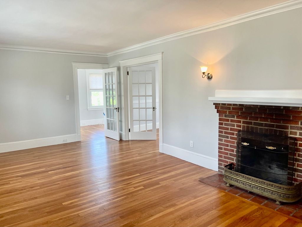 Empty room, Fireplace, Interior, Stone Walls, Wood Texture Flooring