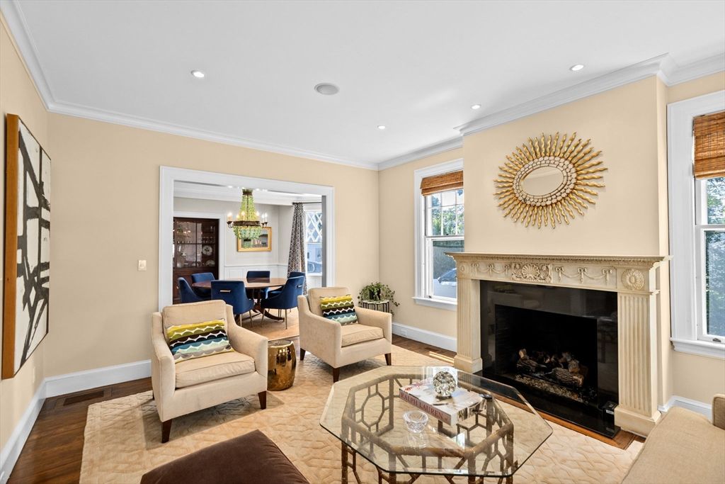 Chandelier, Dining room, Fireplace, Interior, Living room, Recessed Lighting, Wood Texture Flooring