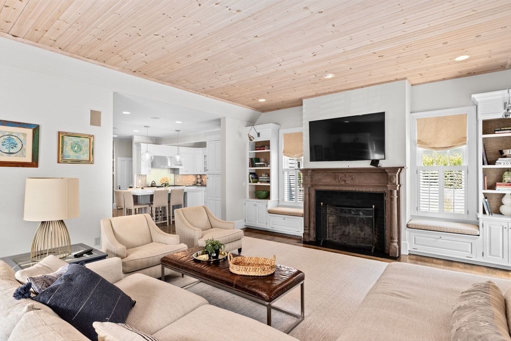 Dining room, Fireplace, Interior, Kitchen, Living room, Pendant Lights, Recessed Lighting, Wooden Ceilings, Wood Texture Flooring