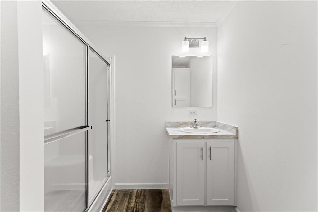 Bathroom, Glass Shower, Interior, Wood Texture Flooring