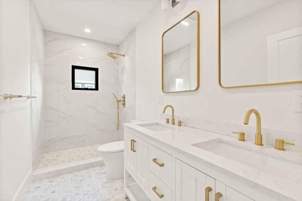 Bathroom, Dual Sink Vanities, Glass Shower, Interior, Marble, Marble Walls, Recessed Lighting