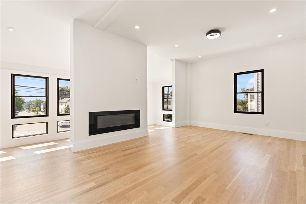 Empty room, Fireplace, Interior, Recessed Lighting, Wood Texture Flooring