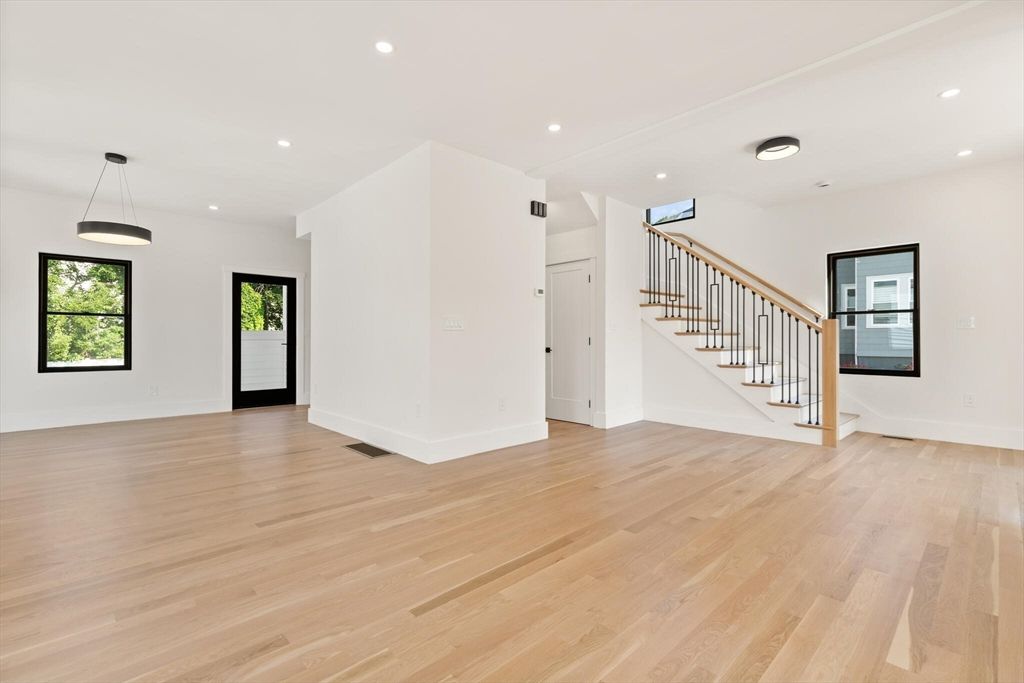 Empty room, Interior, Pendant Lights, Recessed Lighting, Wood Texture Flooring