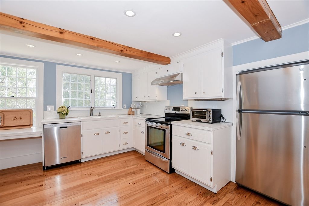 Interior, Kitchen, Recessed Lighting, Stainless Steel Appliances, Wooden Beams, Wood Texture Flooring