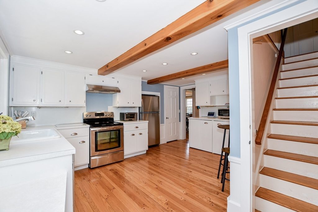 Interior, Kitchen, Recessed Lighting, Stainless Steel Appliances, Washer, Wooden Beams, Wood Texture Flooring