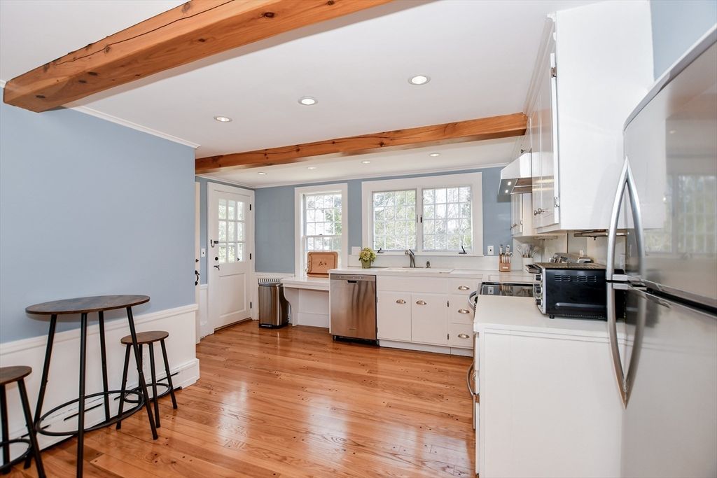 Interior, Kitchen, Recessed Lighting, Stainless Steel Appliances, Wooden Beams, Wood Texture Flooring