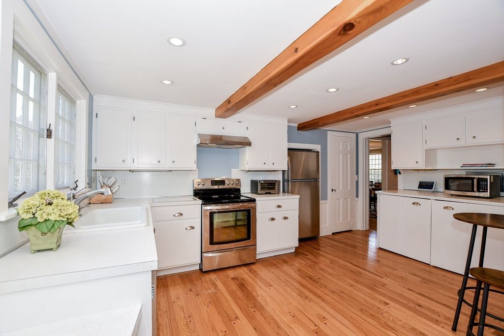 Interior, Kitchen, Recessed Lighting, Stainless Steel Appliances, Wooden Beams, Wood Texture Flooring