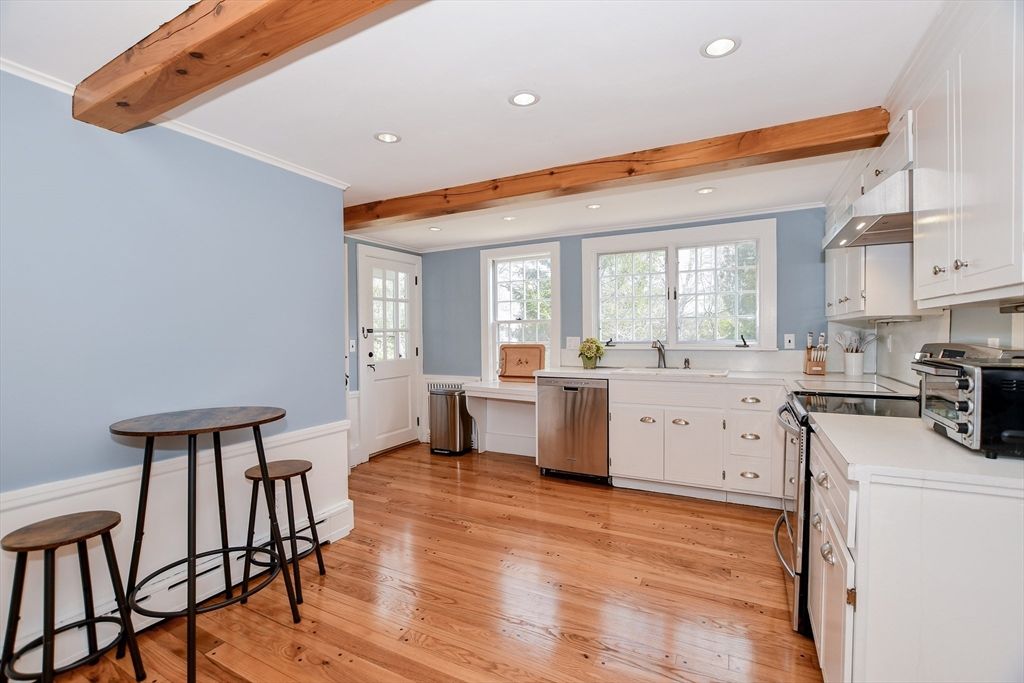 Interior, Kitchen, Recessed Lighting, Stainless Steel Appliances, Wooden Beams, Wood Texture Flooring