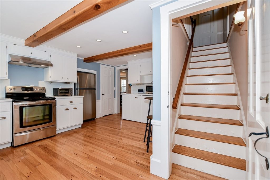 Interior, Kitchen, Recessed Lighting, Stainless Steel Appliances, Wooden Beams, Wood Texture Flooring