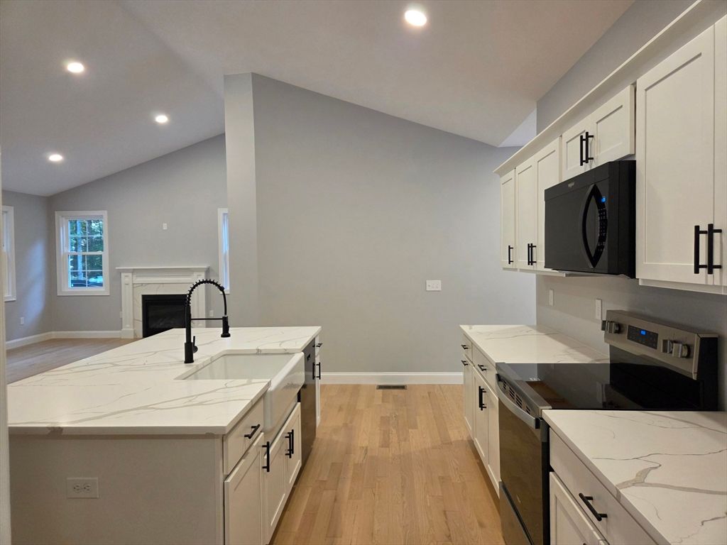 Fireplace, Interior, Kitchen, Recessed Lighting, Wood Texture Flooring