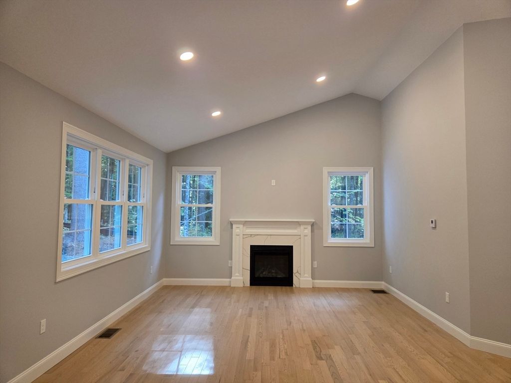 Empty room, Fireplace, Interior, Recessed Lighting, Wood Texture Flooring