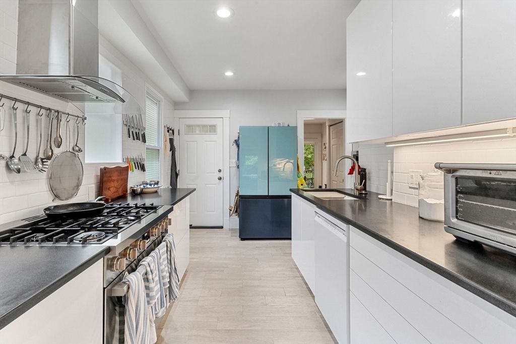 Interior, Kitchen, Recessed Lighting, Stainless Steel Appliances, Wood Texture Flooring