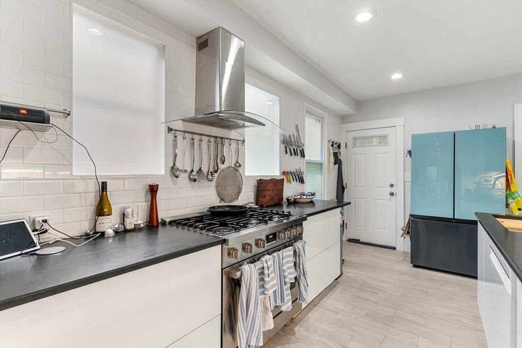 Interior, Kitchen, Recessed Lighting, Stainless Steel Appliances, Wood Texture Flooring