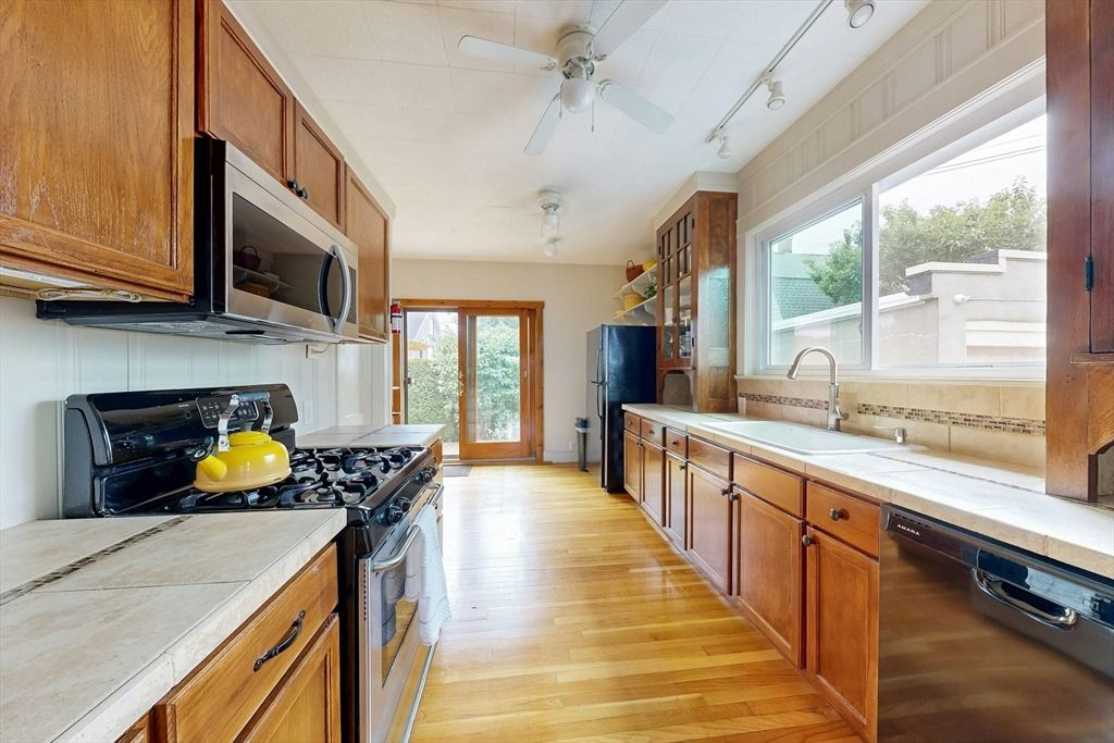 Interior, Kitchen, Tile Countertops, Wood Texture Flooring