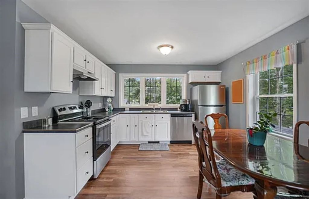 Dining room, Interior, Kitchen, Stainless Steel Appliances, Wood Texture Flooring