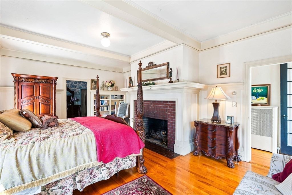 Bedroom, Fireplace, Interior, Wood Texture Flooring