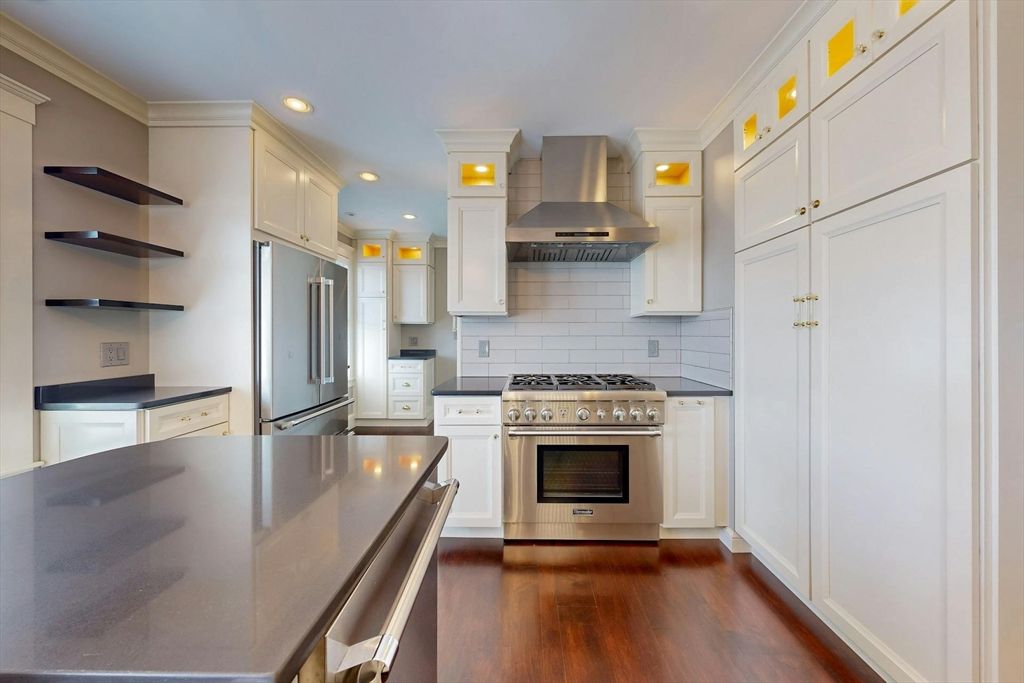 Interior, Kitchen, Recessed Lighting, Stainless Steel Appliances, Wood Texture Flooring