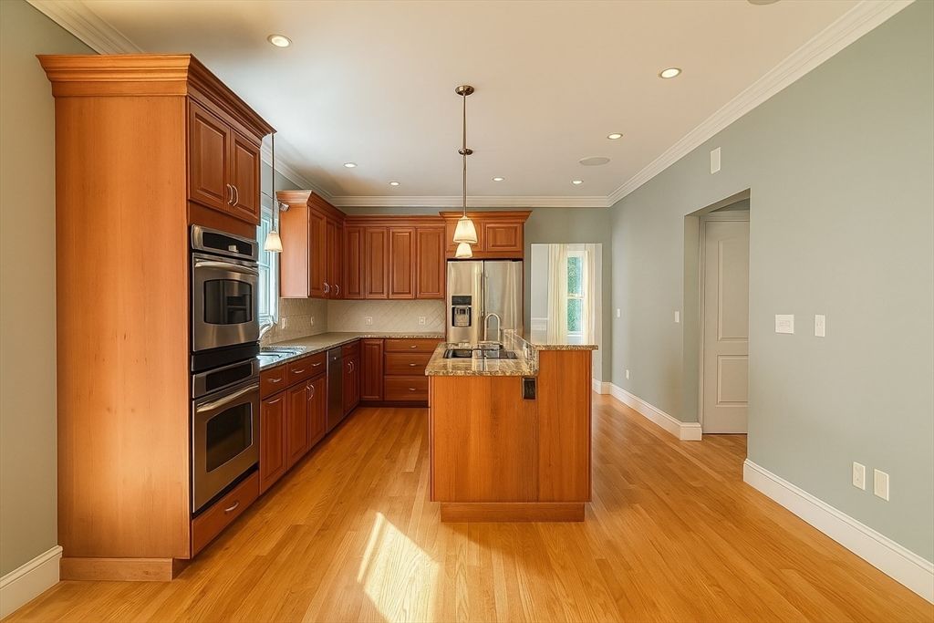 Interior, Kitchen, Pendant Lights, Recessed Lighting, Stainless Steel Appliances, Wood Texture Flooring