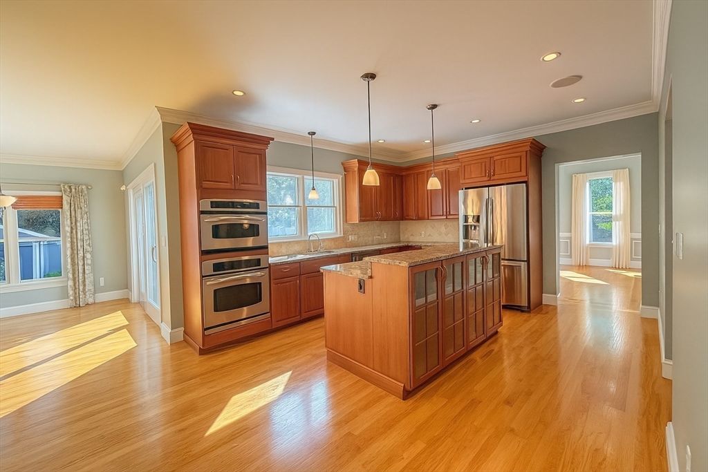 Interior, Kitchen, Pendant Lights, Recessed Lighting, Stainless Steel Appliances, Wood Texture Flooring