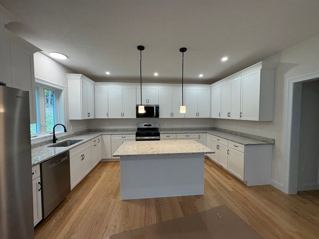 Interior, Kitchen, Pendant Lights, Recessed Lighting, Stainless Steel Appliances, Wood Texture Flooring