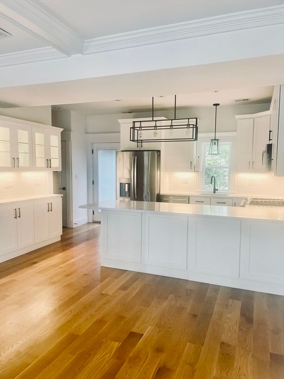 Interior, Kitchen, Pendant Lights, Stainless Steel Appliances, Wood Texture Flooring