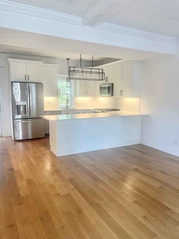 Interior, Kitchen, Pendant Lights, Stainless Steel Appliances, Wood Texture Flooring