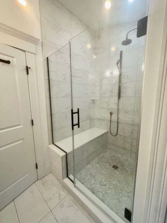 Bathroom, Glass Shower, Interior, Marble, Marble Walls, Recessed Lighting