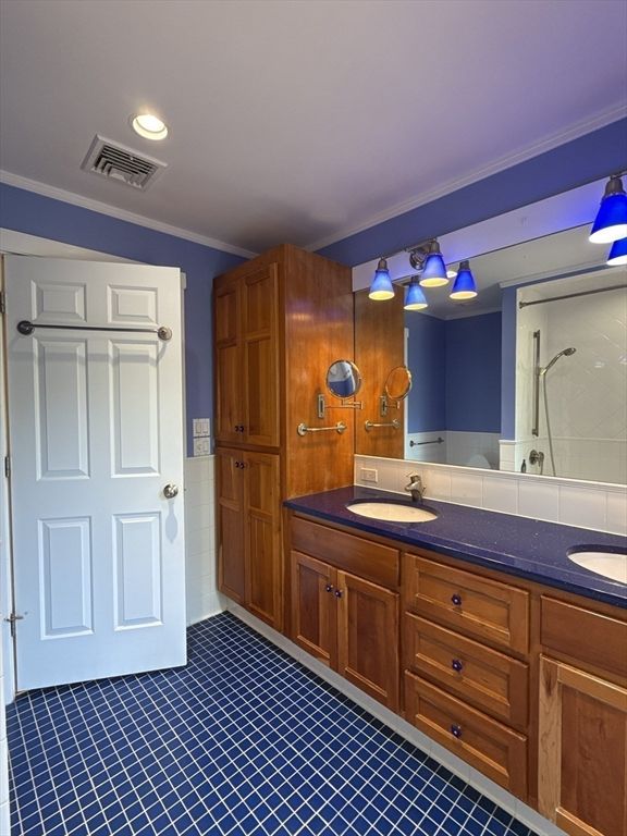 Bathroom, Dual Sink Vanities, Interior, Recessed Lighting, Tile Countertops