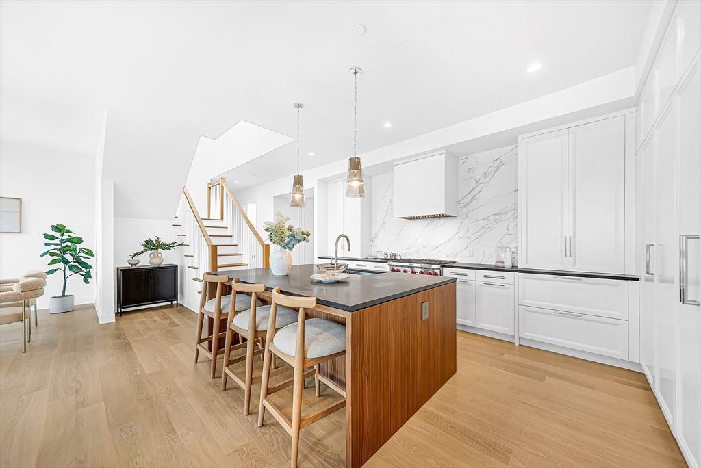 Interior, Kitchen, Marble Walls, Pendant Lights, Recessed Lighting, Wood Texture Flooring