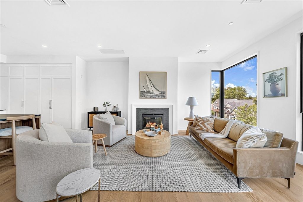 Fireplace, Interior, Living room, Recessed Lighting, Wood Texture Flooring