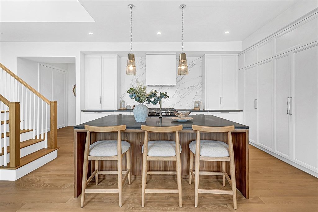 Interior, Kitchen, Marble Walls, Pendant Lights, Recessed Lighting, Wood Texture Flooring