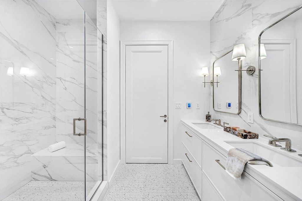 Bathroom, Dual Sink Vanities, Glass Shower, Interior, Marble Walls