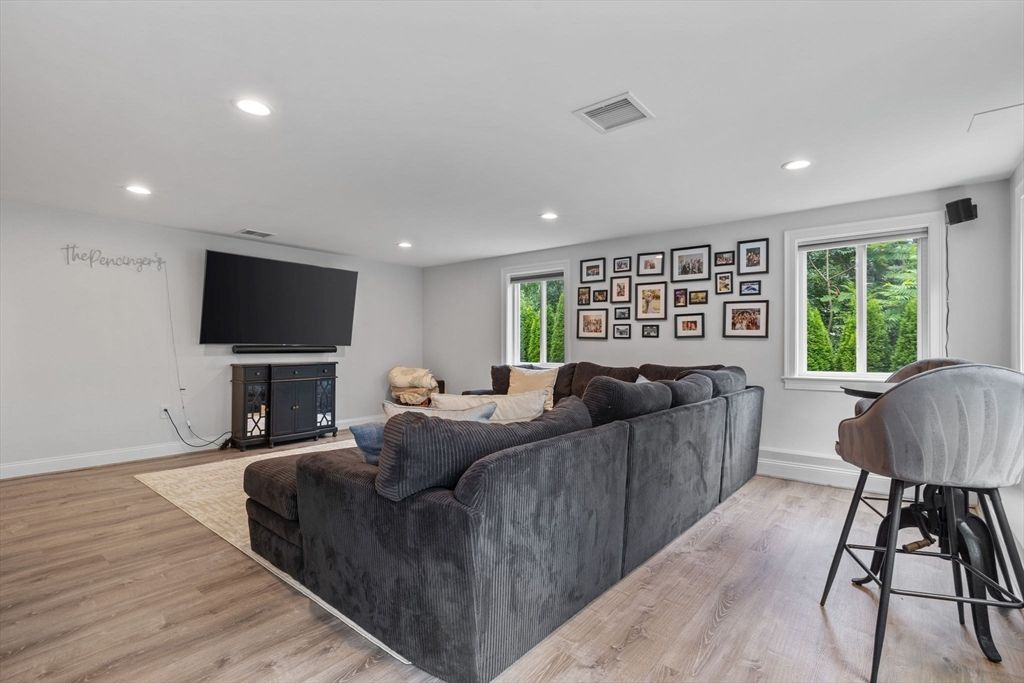 Fireplace, Interior, Living room, Recessed Lighting, Wood Texture Flooring