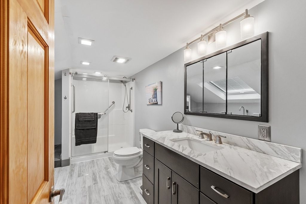 Bathroom, Glass Shower, Interior, Recessed Lighting, Wood Texture Flooring