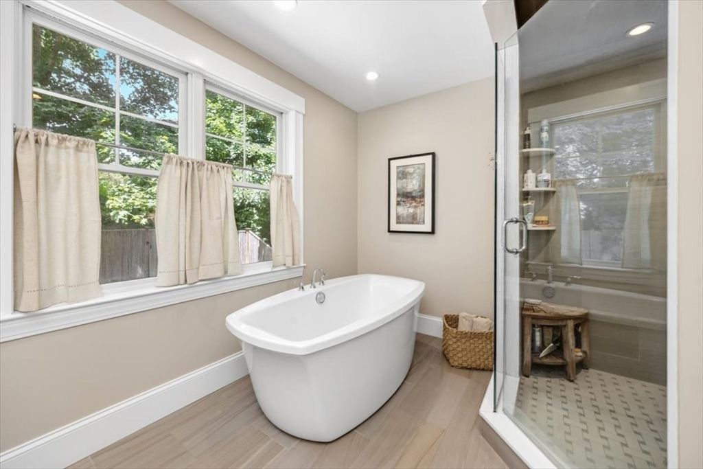 Bathroom, Free Standing Baths, Glass Shower, Interior, Recessed Lighting, Wood Texture Flooring