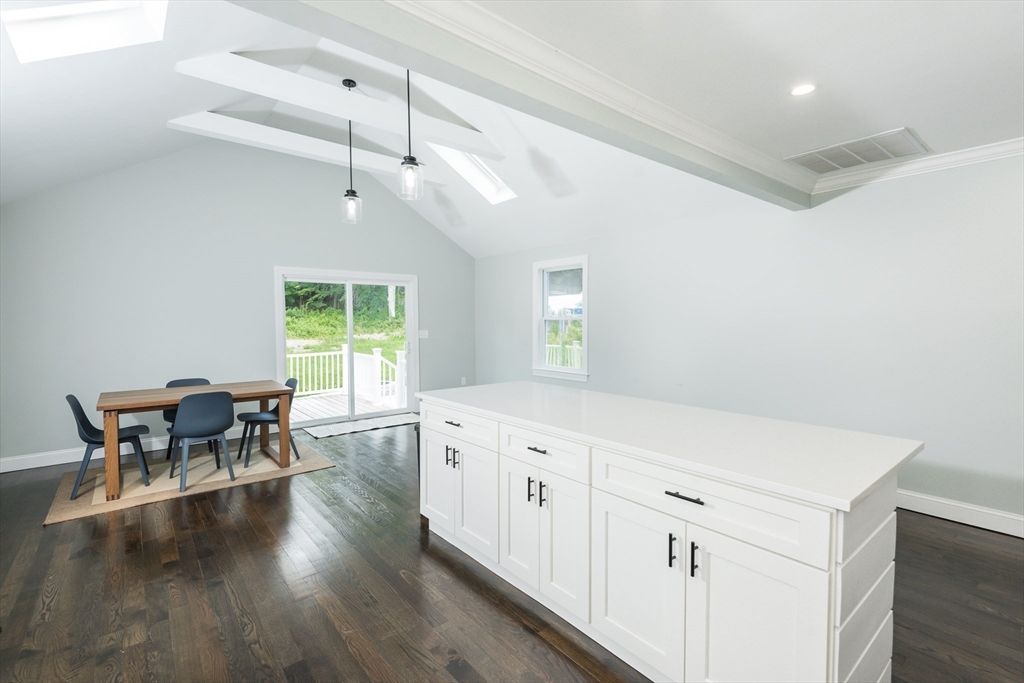 Dining room, Interior, Pendant Lights, Recessed Lighting, Wood Texture Flooring