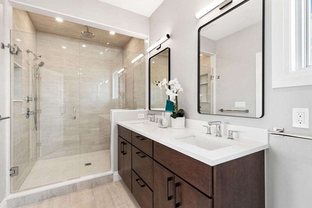 Bathroom, Dual Sink Vanities, Glass Shower, Interior, Recessed Lighting, Wooden Ceilings