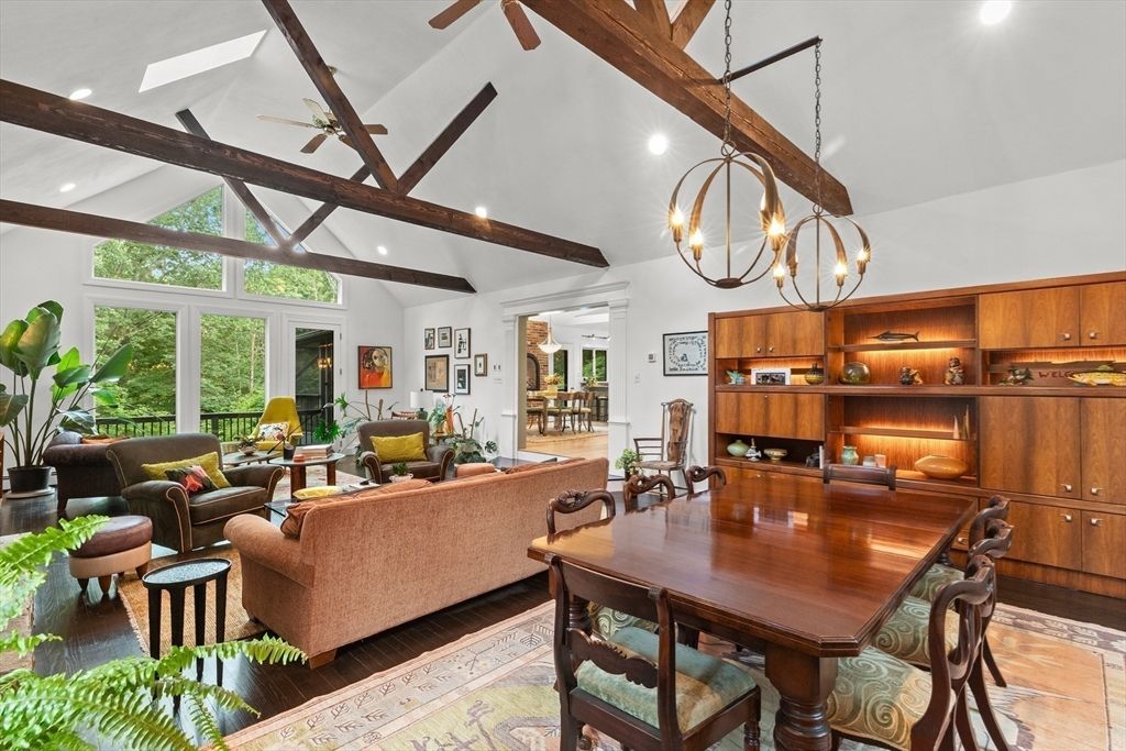 Chandelier, Dining room, Interior, Living room, Recessed Lighting, Wooden Beams, Wood Texture Flooring