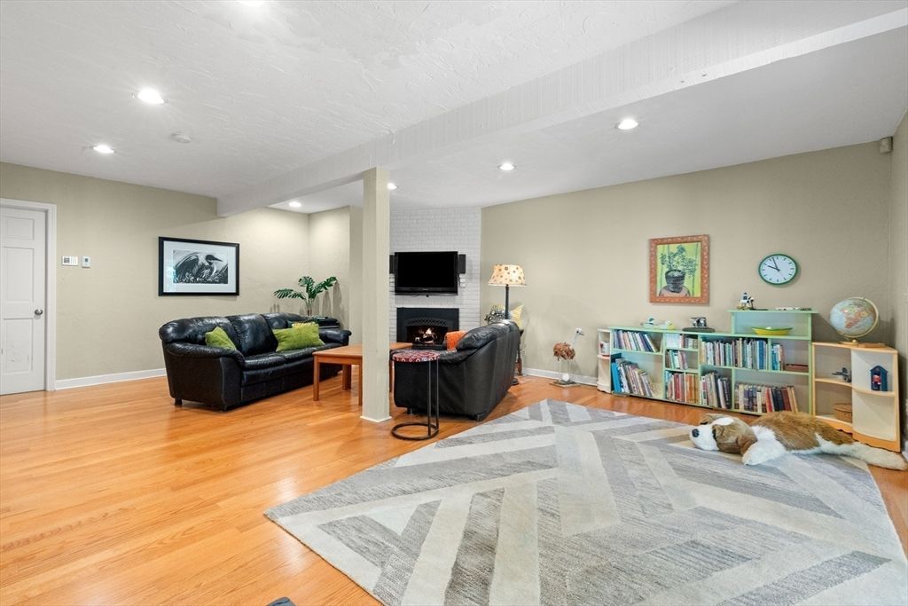 Fireplace, Interior, Living room, Recessed Lighting, Wood Texture Flooring
