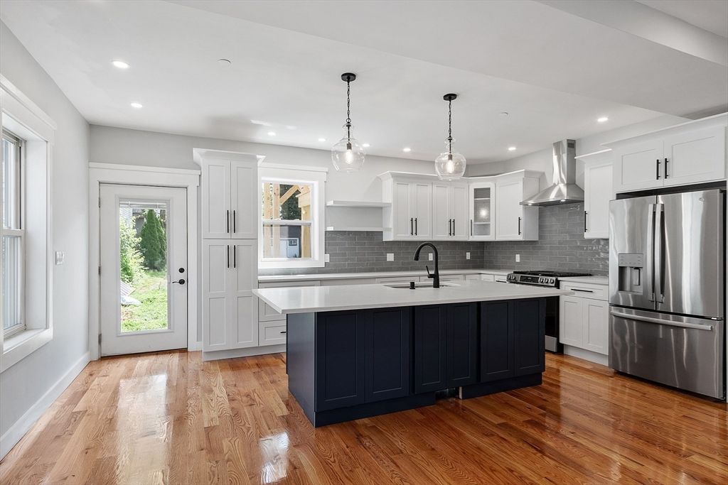 Interior, Kitchen, Pendant Lights, Recessed Lighting, Stainless Steel Appliances, Wood Texture Flooring