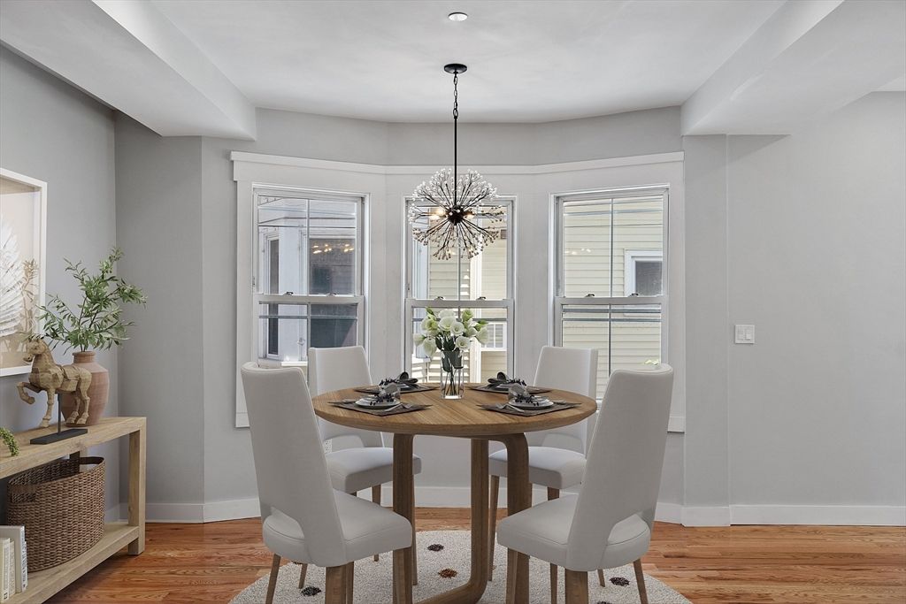 Dining room, Interior, Pendant Lights, Wood Texture Flooring