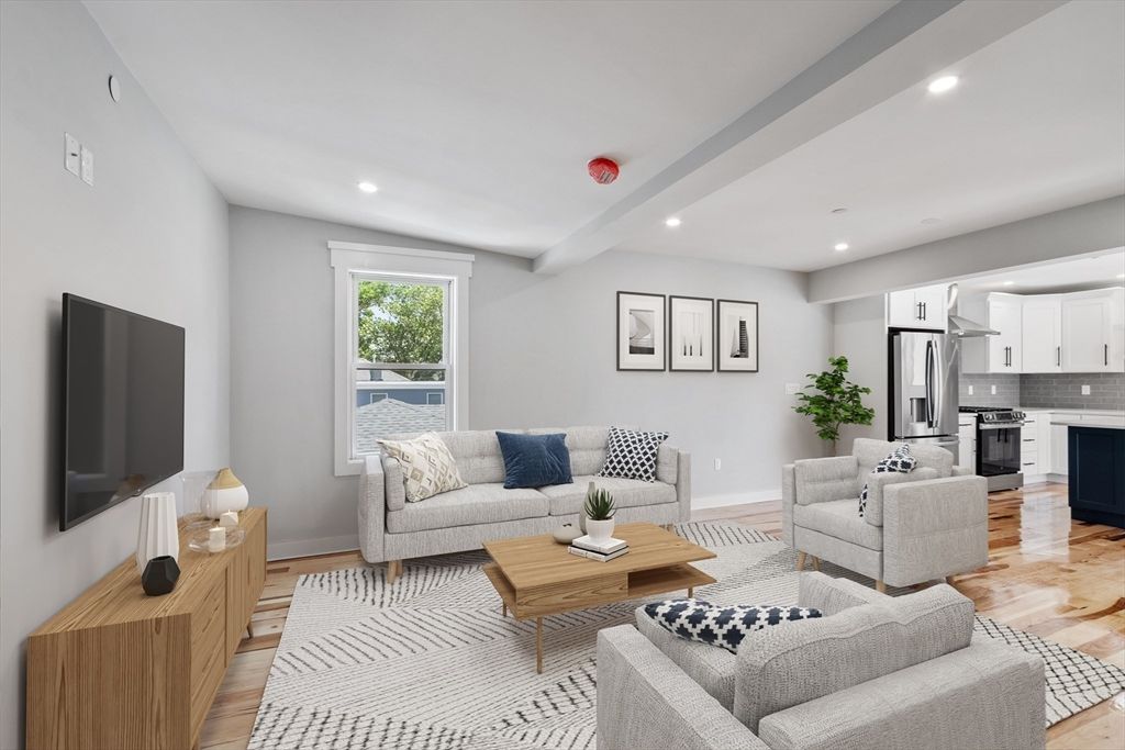 Interior, Kitchen, Living room, Recessed Lighting, Stainless Steel Appliances, Wood Texture Flooring