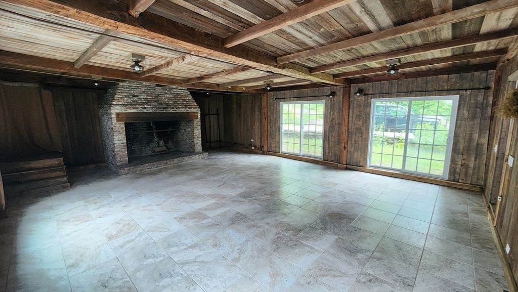 Empty room, Fireplace, Interior, Stone Walls, Wooden Beams, Wooden Ceilings, Wooden Walls
