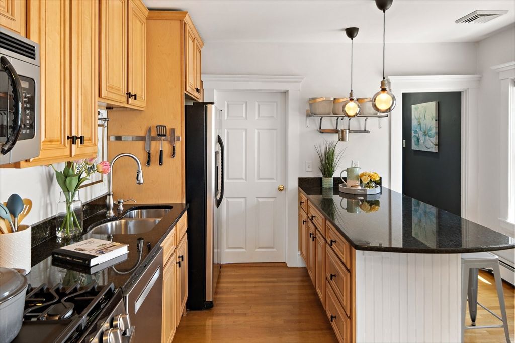 Interior, Kitchen, Pendant Lights, Stainless Steel Appliances, Wood Texture Flooring