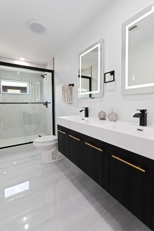 Bathroom, Dual Sink Vanities, Glass Shower, Interior, Marble Walls, Recessed Lighting