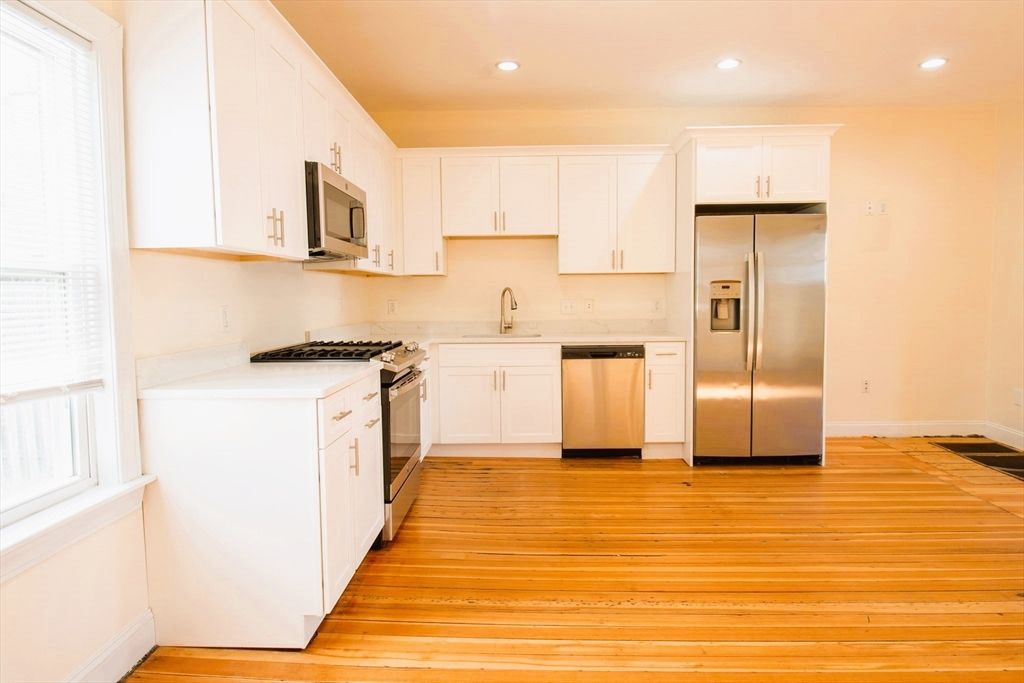 Interior, Kitchen, Recessed Lighting, Stainless Steel Appliances, Wood Texture Flooring