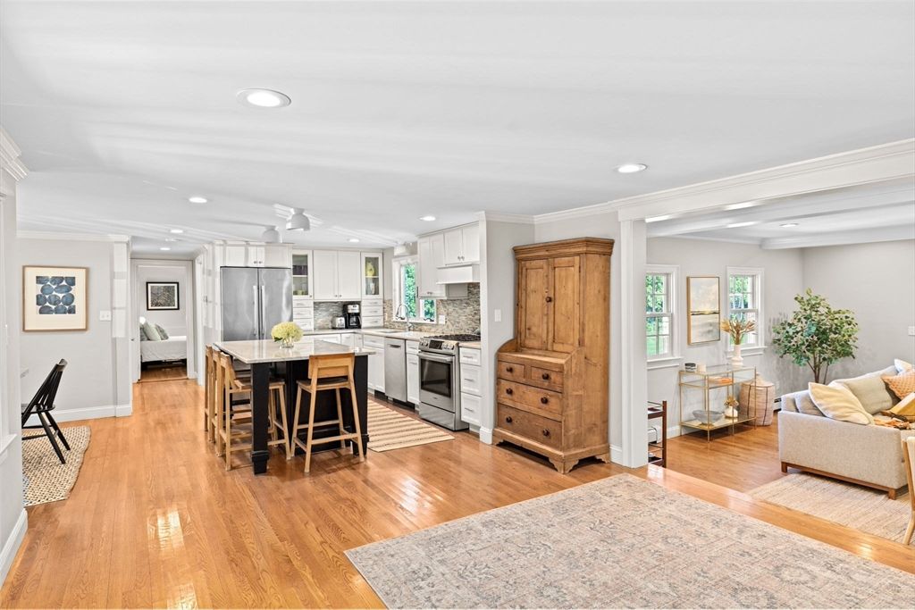 Interior, Kitchen, Living room, Recessed Lighting, Stainless Steel Appliances, Wood Texture Flooring