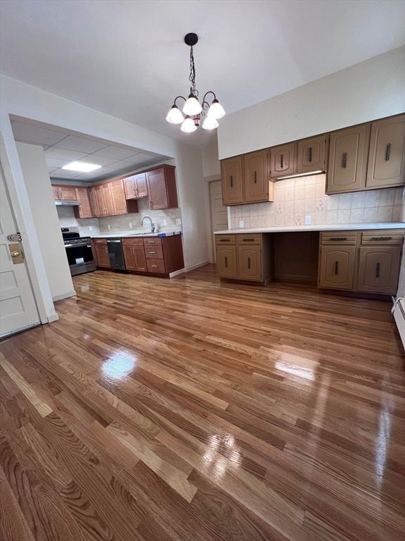 Chandelier, Interior, Kitchen, Pendant Lights, Wood Texture Flooring